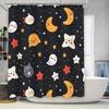 Charmful Night Sky Shower Curtain with Cartoon Characters Black Background Printed Fabric Waterproof Bathroom Decor for Kids Roo