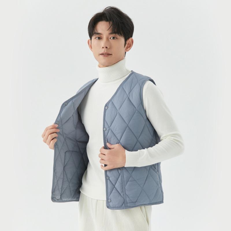 Men's Autumn and Winter Velvet Warm Medium and Green Vest Liner Pocket Men's Rhombus Short Snap Vest