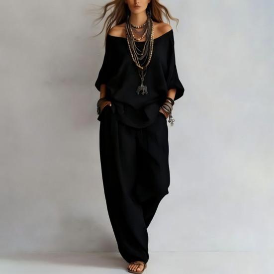 Yousheng Two Piece Matching Lounge Sets for Women Casual Off Shoulder Long Sleeve Top And Wide-Leg Pants Summer Boho Outfits