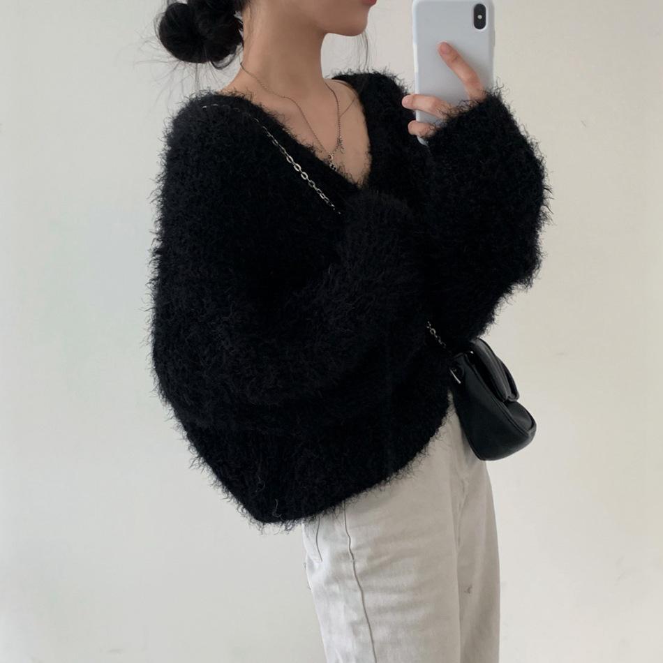 Chic Korean Faux Mink Long-Sleeve V-Neck Cardigan Sweater for Women