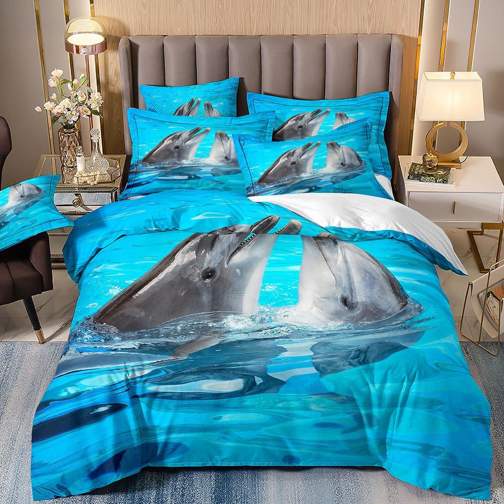 3D-gedruckte Heimtextilien Bettwäsche Delfin Meeresschildkröte Meerestier Quilt-Set Dreiteiliges Set