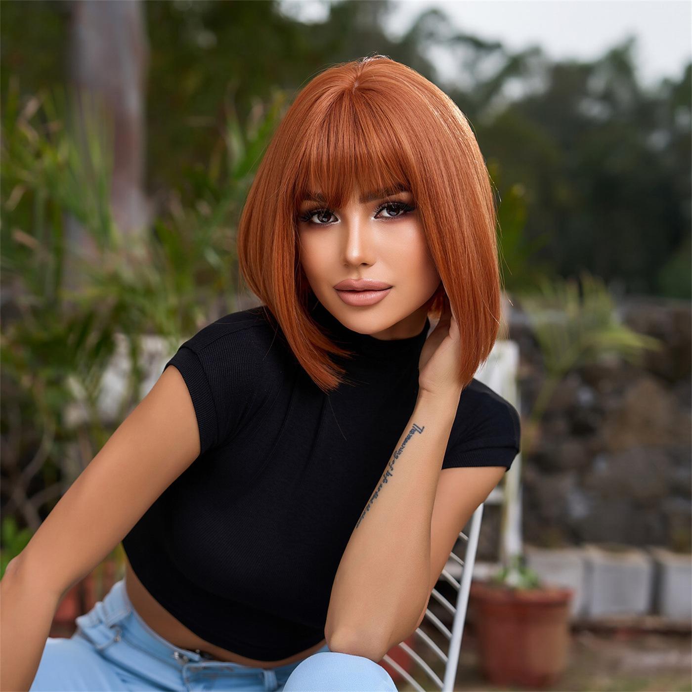

Модный парик Qi Bangs Orange Short Hair Bobo Head Full Head парик для женщин lc2071-2
