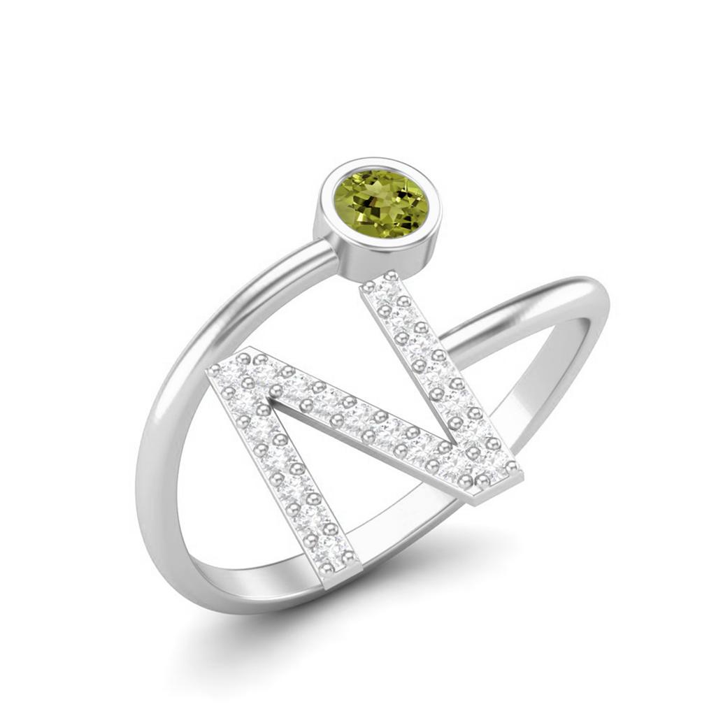 Capital N Initial Letter 3MM Round Peridot 925 Sterling Silver Women Adjustable Wedding Ring