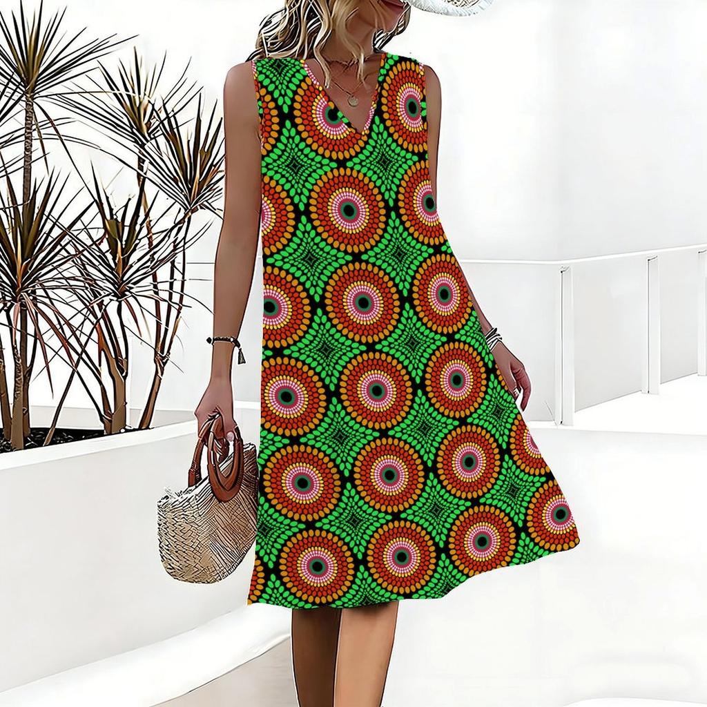 Plus Size V Neck Sleeveless Dress Far Mountain Cloud Ink Print For Wetland Park Tour