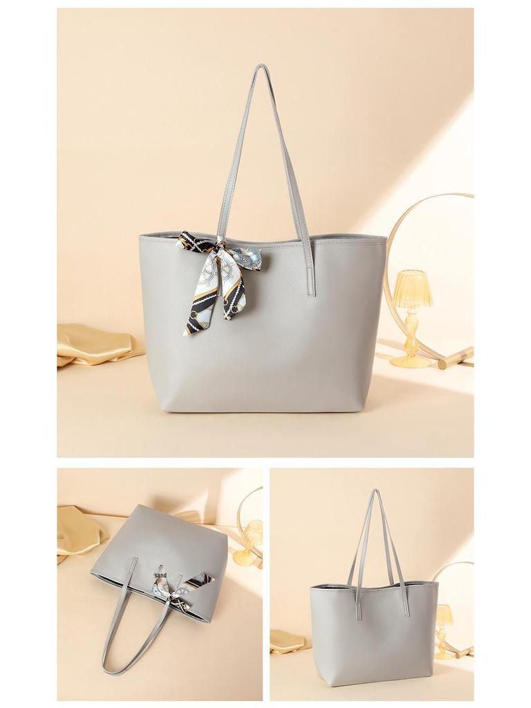 Fashionable Large Capacity Tote Bag with Lychee Pattern and Scarf Decoration - Solid Color Women's Shoulder Bag, 2024 Edition