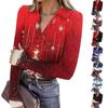 Women's Fashion Casual Christmas Print V-Neck Long Sleeve Button-Down Top