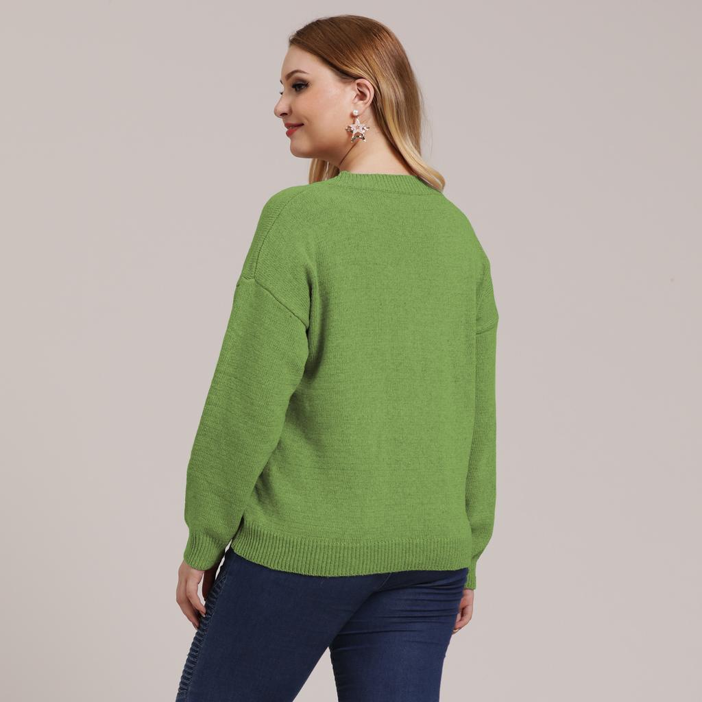 Autumn and Winter Plus Size Women's Solid Colour Simple Woven V-neck Pullover Jumper