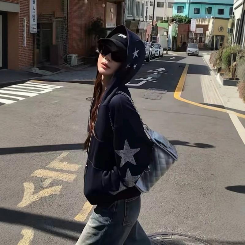 Vintage Star Rhinestone Zip Hoodie Loose Fit Long Sleeve Casual Streetwear Fall