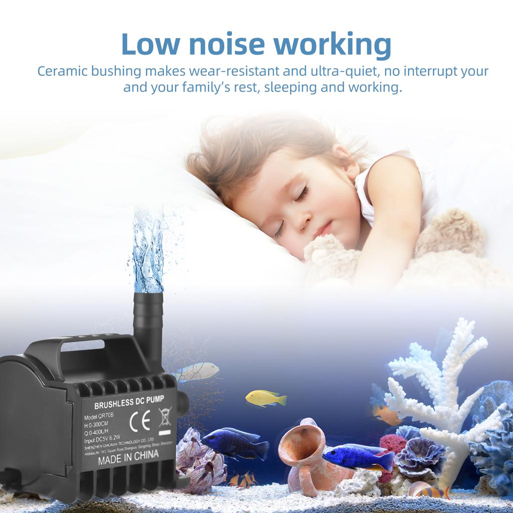 Submersible Water Pump Electric 600L H Small Fountain Pump with Max 7.2ft Lift, 6.5ft USB Cable and Suction Cup Base,