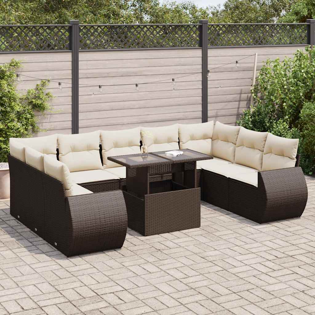 10 Piece Garden Sofa Set with Cushions Brown Poly Rattan
