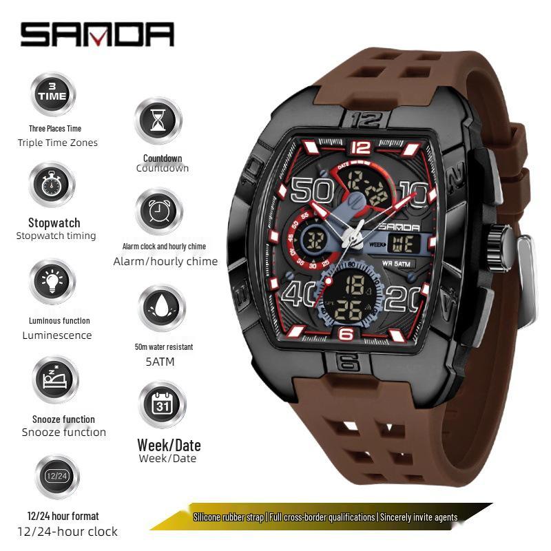 SANDA Barrel-Shaped Men's Watch: Dual Display, 50M Waterproof, Luminous, World Time, Stylish & Versatile