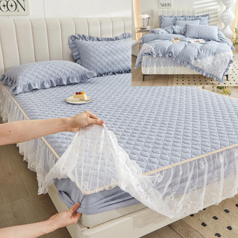 Colcha de renda estilo princesa, quatro estações, peça única, grossa, acolchoada, lavável, antiderrapante