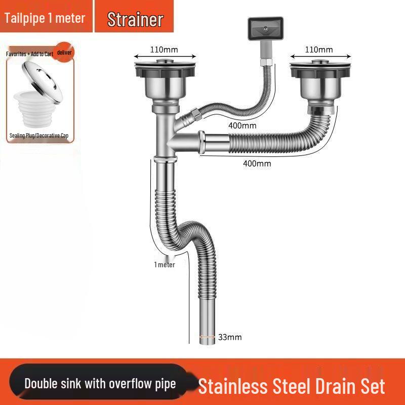 Stainless Steel Double Bowl Kitchen Sink Drain Pipe Set with Anti-odor Feature