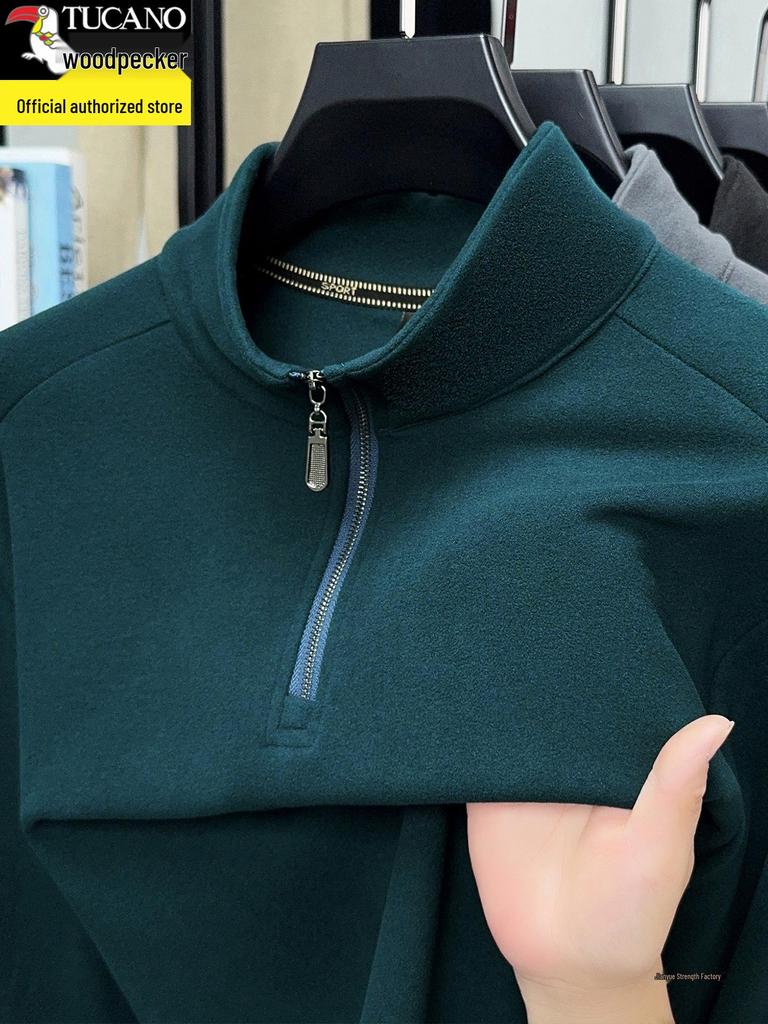 Woodpecker Men's Double-Sided Velvet Half-Zip Stand Collar Warm Long-Sleeve T-Shirt