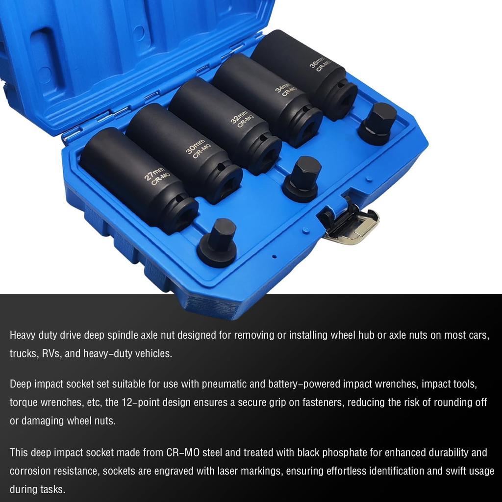 8PCS 1/2-Inch Drive Deep Impact Socket Set, 12 Point Heavy Duty Drive Deep Spindle Axle Nut, Impact Socket Nut Removal and Installation Kit.