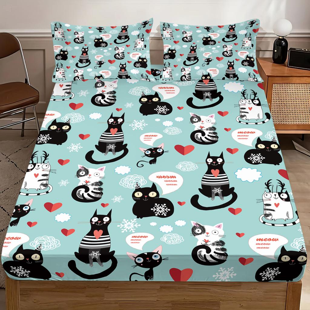 3Pcs Cute Kitten Printed Chipless Bed Sheet Set Multi Size Soft Bed Cover Bedroom Bedding Decoration Machine Washable