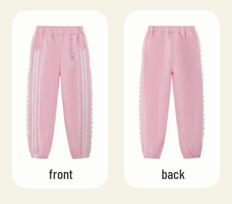 HelloKitty Girls' Autumn Color Block Lace Ribbon Patchwork Sweatpants - 2025 Sporty Casual Style