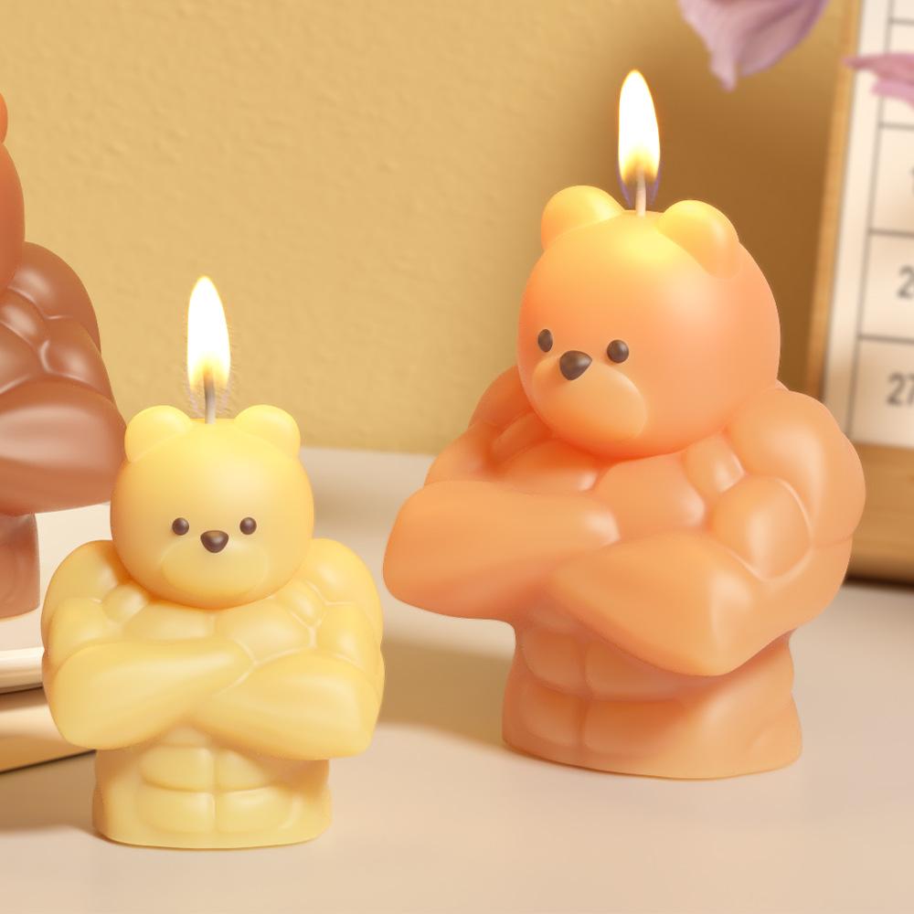 3D Birthday Bear Aromatherapy Candle Mold DIY Cute Muscle Bear Abdominal Muscle Gypsum Mold for Birthday Gift Cake Candle Decor