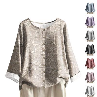 Women's Fashionable And Casual Shirt Long-sleeve Round Neck Print Cotton And Linen Blouse Top