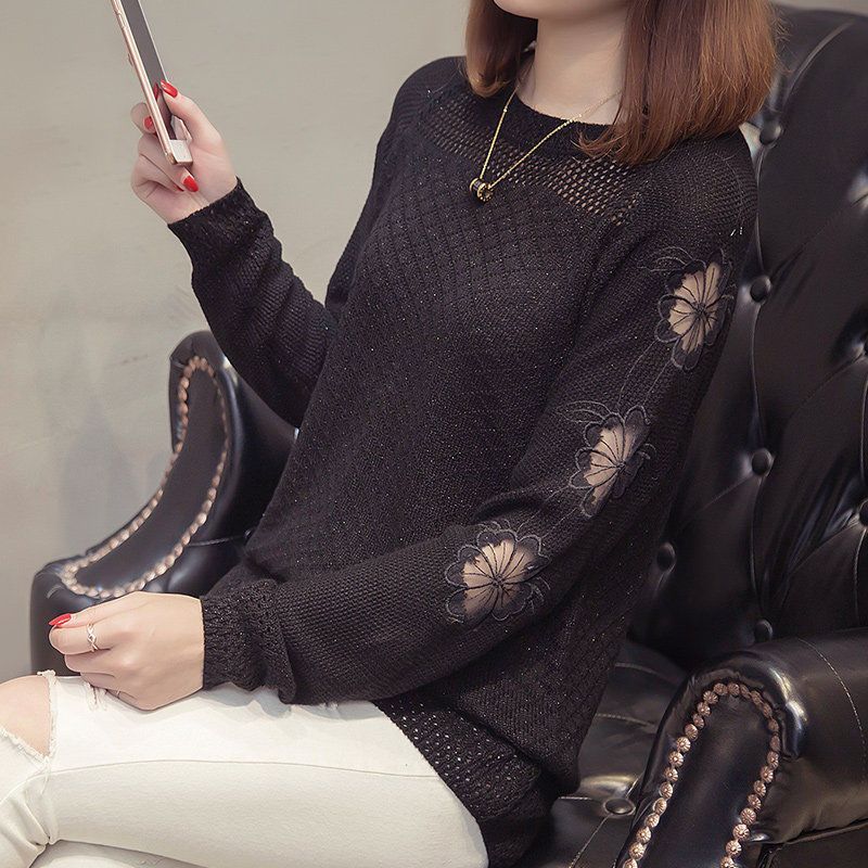 

Ранняя осень женская одежда осенняя одежда круглый вырез свободный кружевной свитер на основе пуловера свитер женский короткий вязаный свитер 3XL чёрный