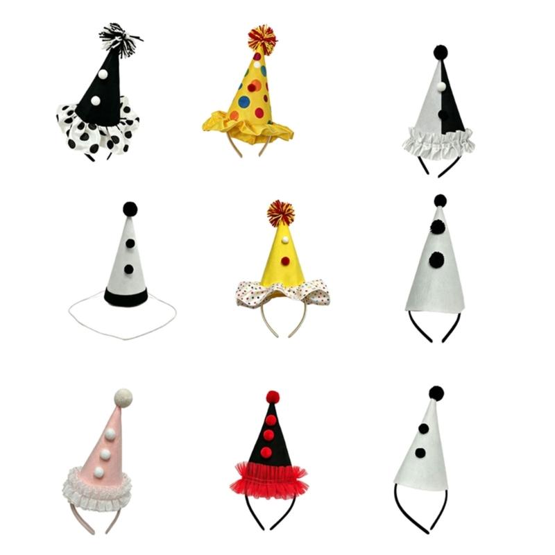 Upright Mini Party Clown Hat Accessory with Preassembled Headband for Quick Party and Costume Outfit Finishing and Styling