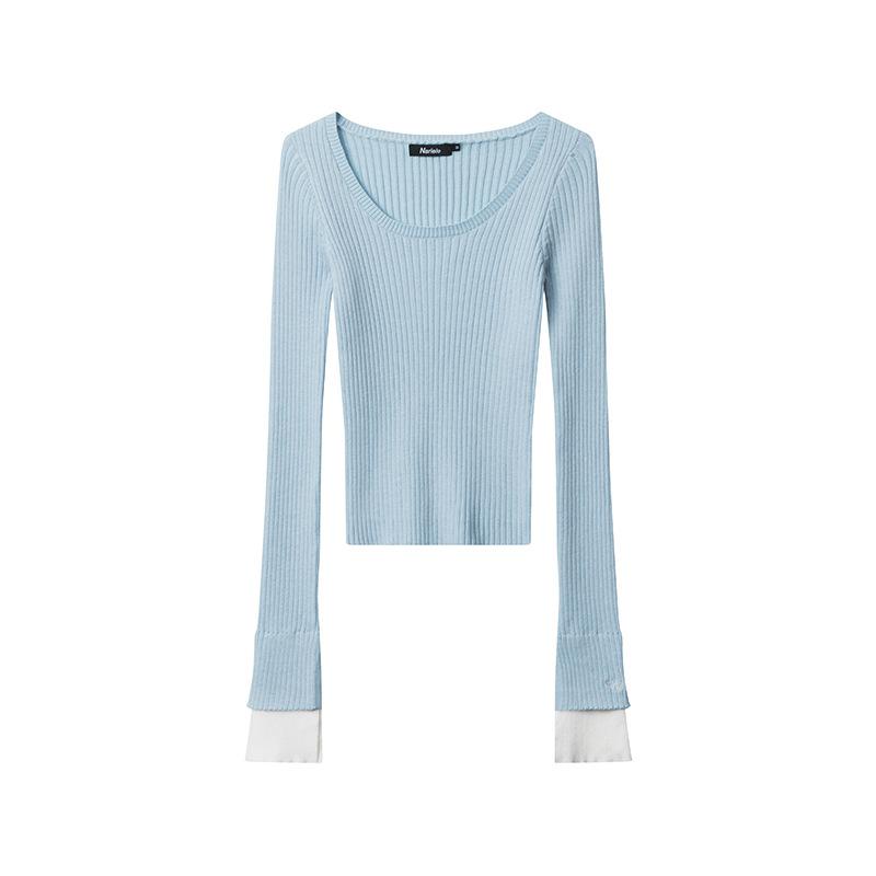 Spring and Summer Women's New Pullover Solid Color Casual Simple Long Sleeve Square Collar Short Slim-fit Sweater