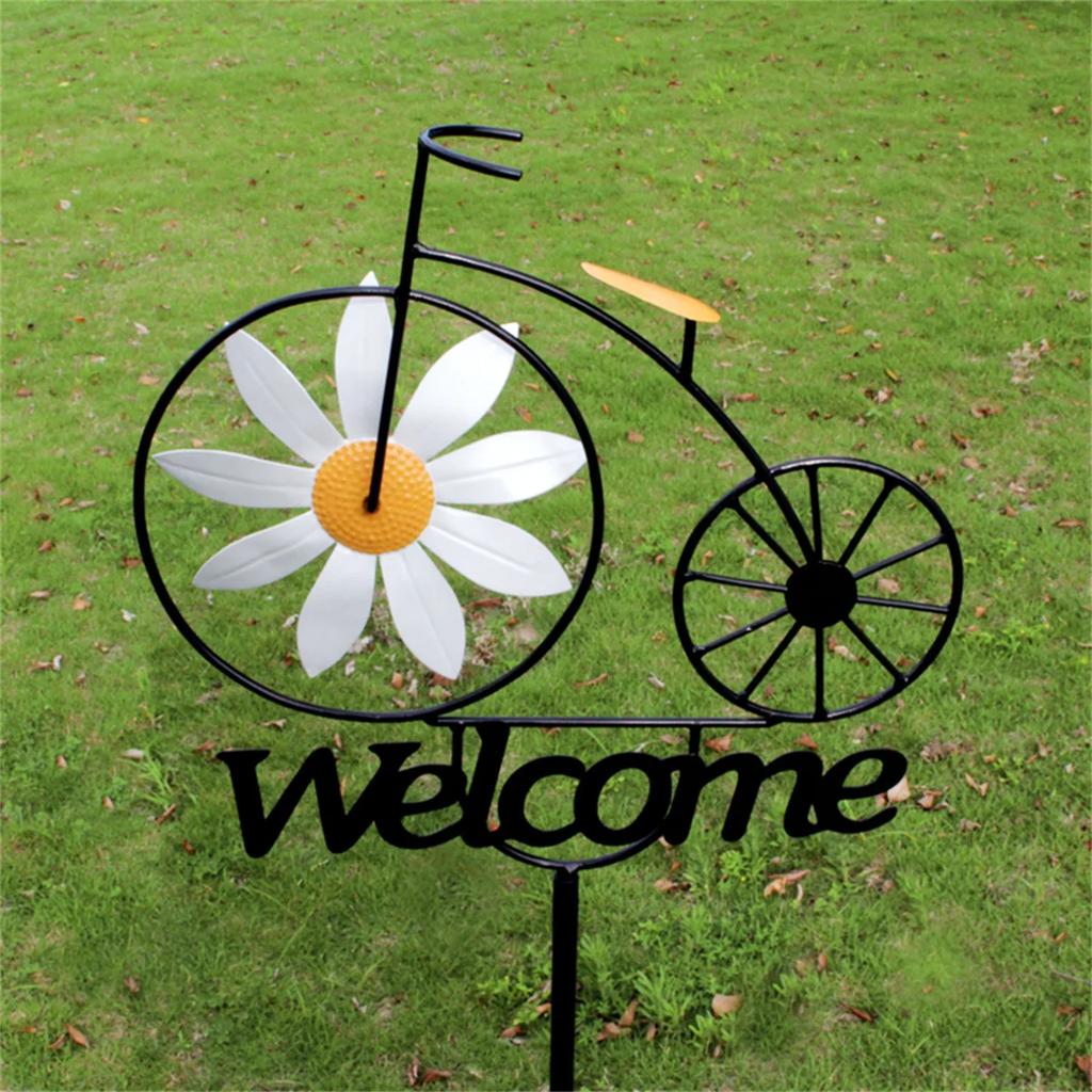 Wrought Iron Daisy Bicycle Welcome Sign - 47.2 Inch Outdoor Vintage Garden Yard Creative Welcome Art Decoration