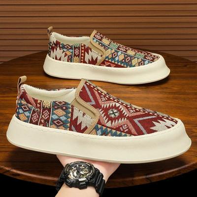 Modne etniczne płócienne buty męskie z nadrukiem, designerskie loafersy na platformie, oddychające sneakersy casualowe wsuwane, męskie espadryle