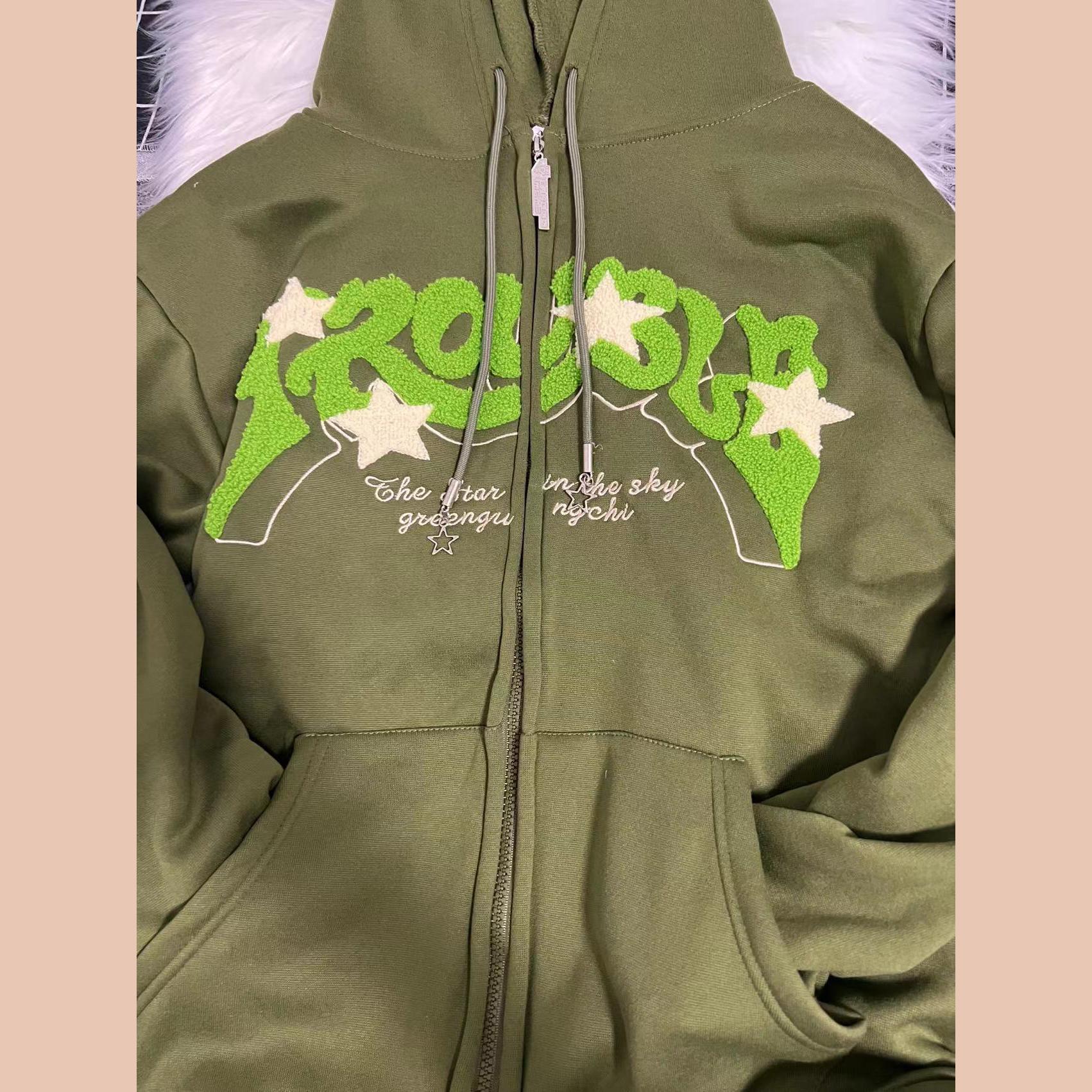 Vrouwen Brief Geborduurde Hoodies Herfst Winter Vintage Zip Up Losse Hoody Harajuku Y2K Lange Mouw Jas Kleding XL green