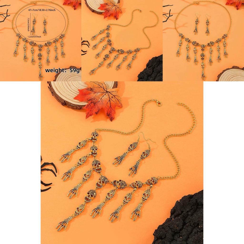 Halloween Skeleton Pendant Necklace And Earrings With Geometric Design For Women