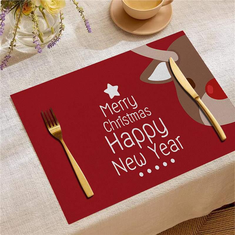 Nordic Christmas Santa Elk Linen Placemat Square, Festive Restaurant Table Decoration