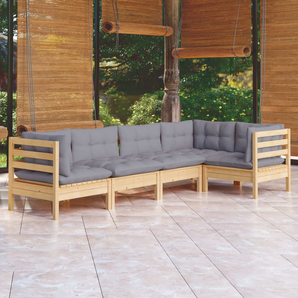 5 Piece Garden Lounge Set with Grey Cushions Pine Wood