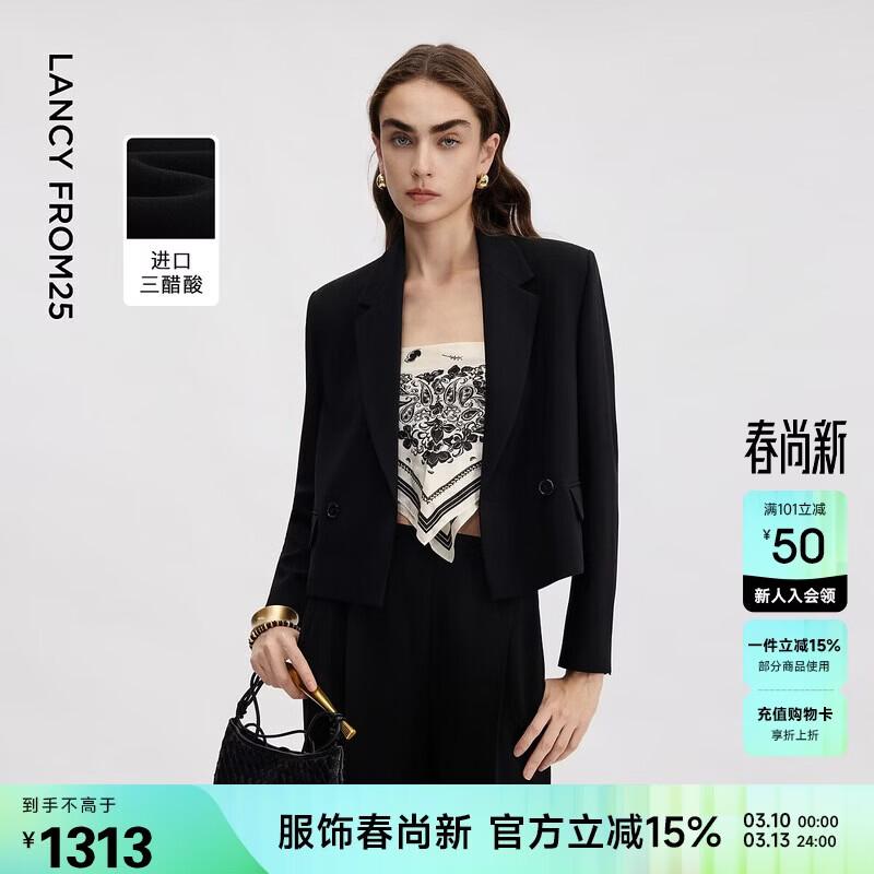 LANCY Women s Black Triacetate Notch Lapel Short Suit Jacket L