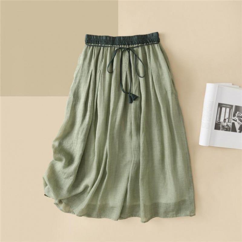 Summer Retro Art Loose Elastic Waist Skirt Women's Medium Long A Line Skirt