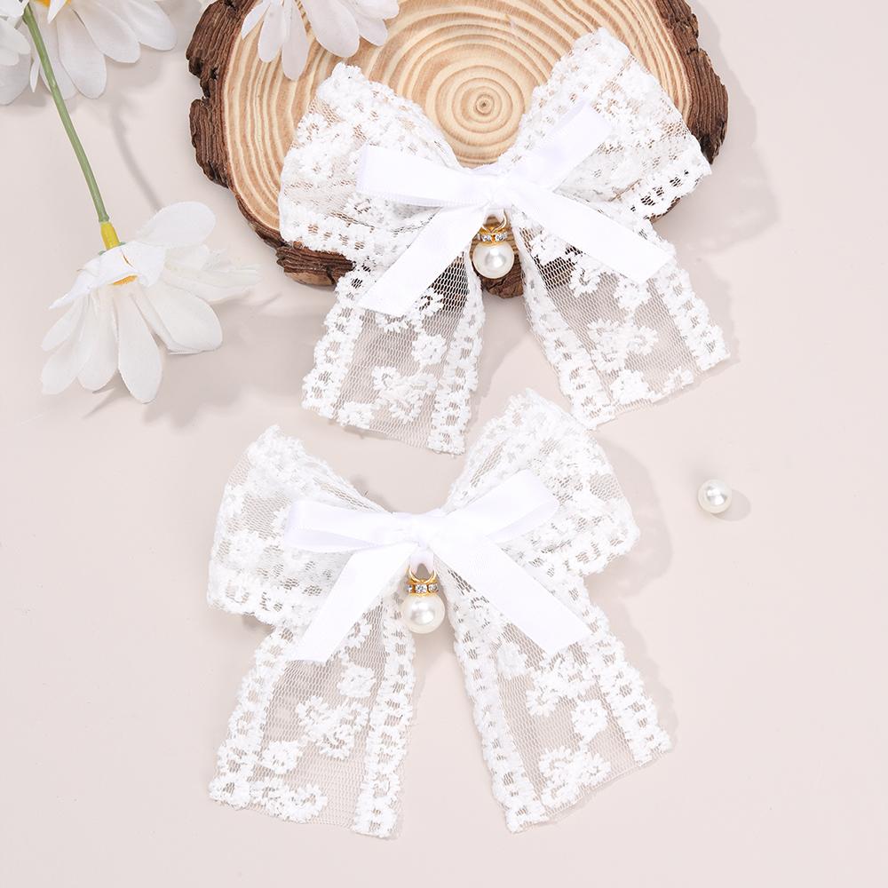 2Pcs White Lace Hair Clips For Girls Flower Embroidered Pearls Hairpin Sweet Floral Kids Barrette Children Headdress Accessories