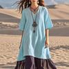 Damen Boho Patchwork Lockeres Kleid Lässiges V-Ausschnitt Kurzarm Swing Kleid Sommer Strandurlaub Sommerkleid