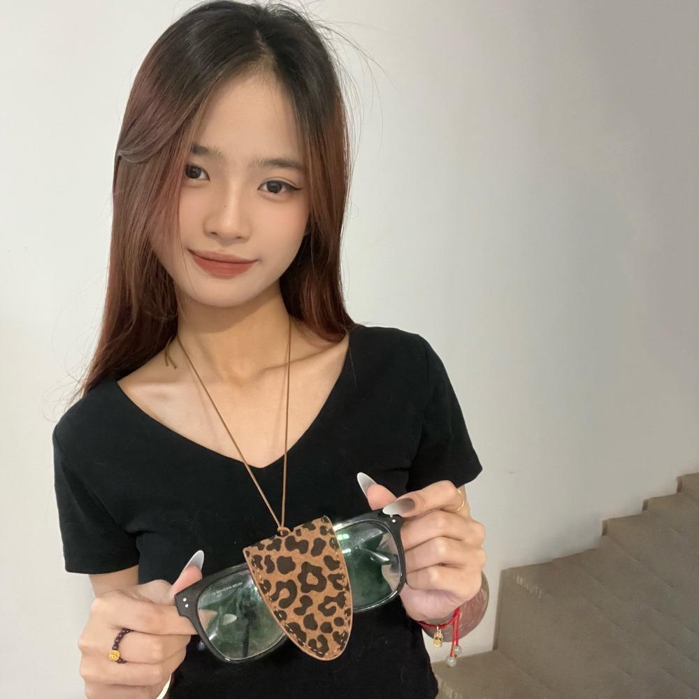 Leopard Print Glasses Storage Necklace Multi-Function Pu Leather Eyeglasses Case Male