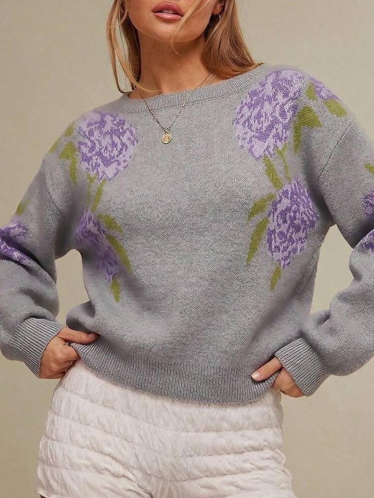2026 Autumn/Winter Floral Jacquard Women's Loose Casual Knit Sweater