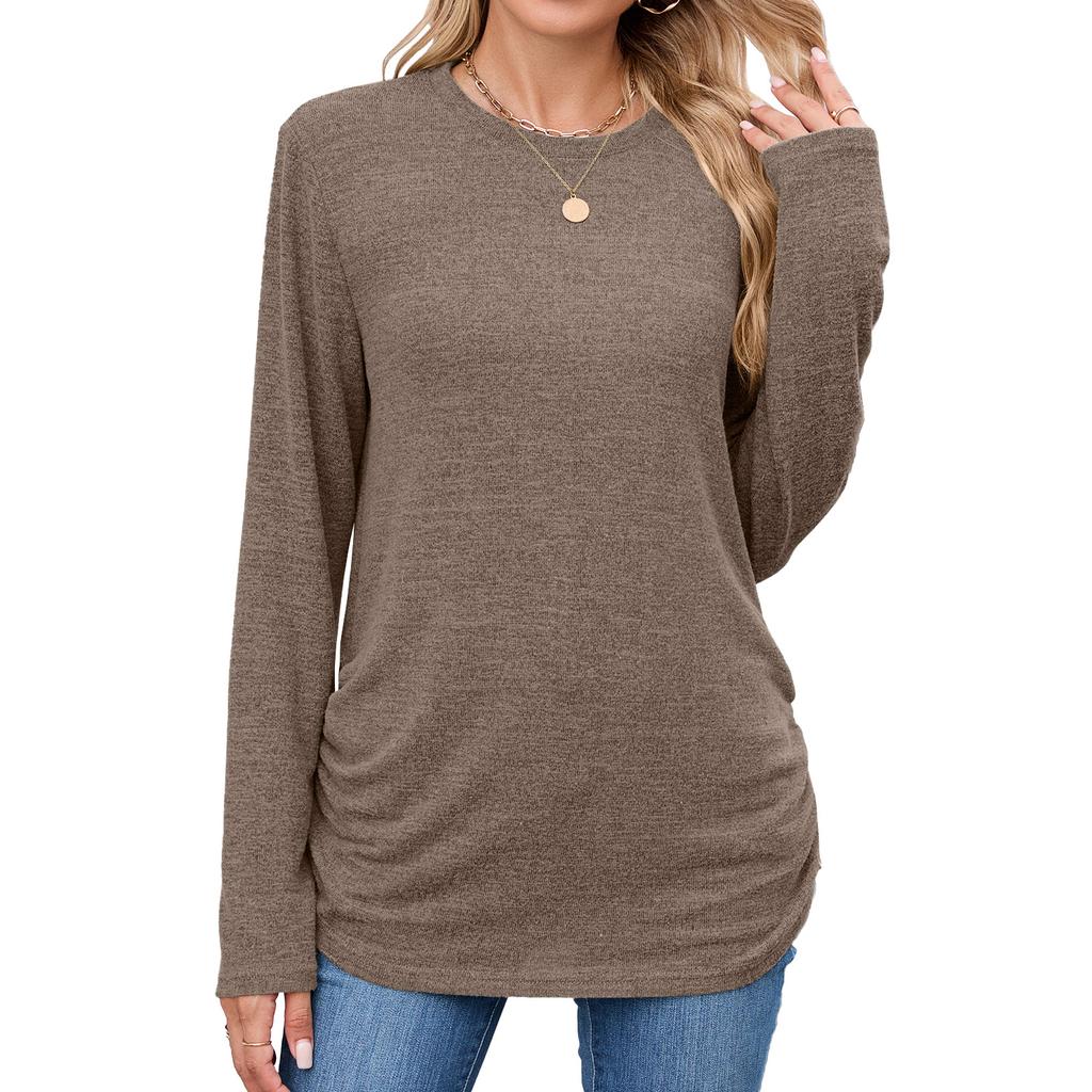 New Solid-color Round-neck Loose Long-sleeved T-shirt Top for Women In Autumn and Winter