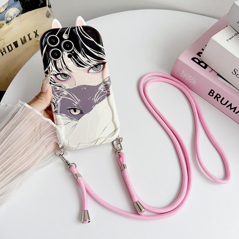 For VIVO V21E V25 E V30E V29 V40 SE Lite Vivo X100 S Ultra X200 Pro MINI Crossbody Strap Cartoon Cat Girl Phone Case Ears Cute