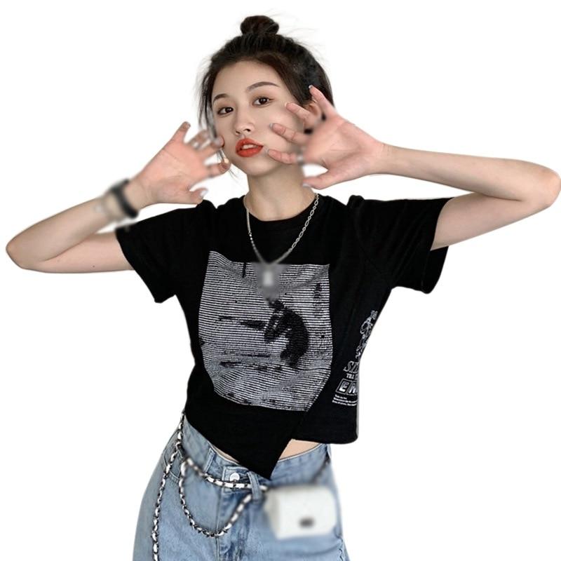 

Короткая футболка с нерегулярной строчкой, женские летние топы с короткими рукавами и буквенным принтом, женские футболки L