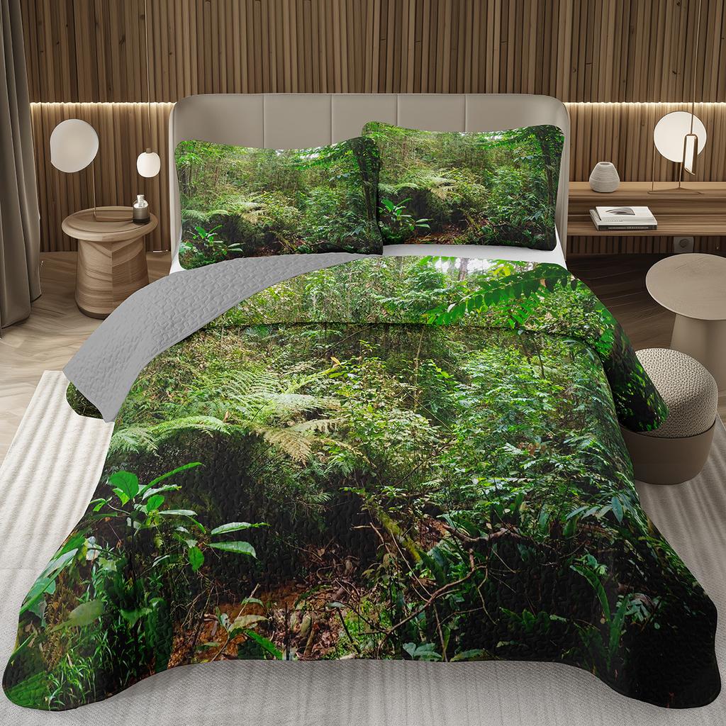 Forest Bedspread King/Full Magical Woodland Jungle Coverlet Set Dreamy Misty Scene Quilted Bedding Set Reversible Grey Bed Cover