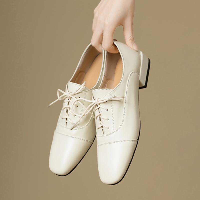 Fashion Women's New Leather Cowhide Spring and Autumn Lace Up Mid Heel Large Comfortable Casual Work Single Shoe