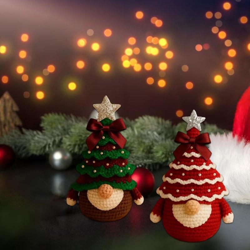 Crochet Christmas Tree Gnomes Set Soft Cotton Yarns Handmade for Festival Home Decoration Holiday Ornament