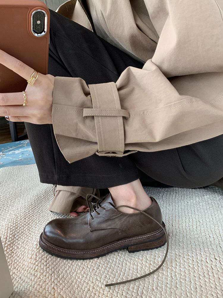 Sheepskin Version~ Leather Thick Heel Retro Pleated Small Leather Shoes Women's British Lace-up Platform Oxford Shoes Loafers Single Shoes