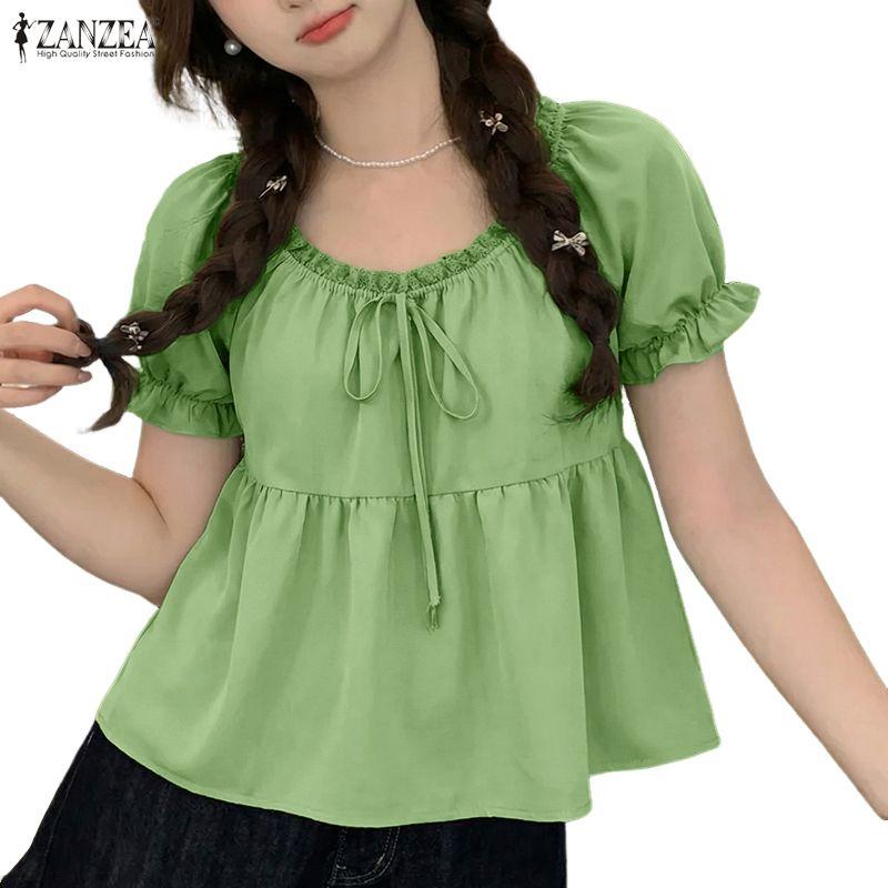 ZANZEA Damen Casual Rundhals Lose Sommer Kurzarm Bluse