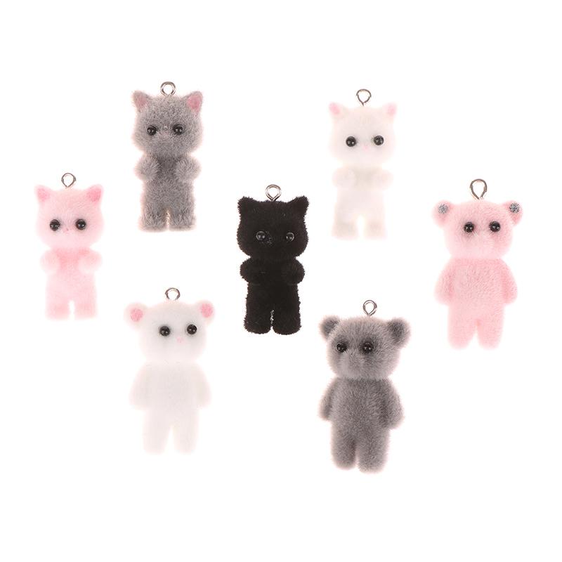 2Pcs Cat Bear Pendant Kawaii 3D Fluffy Flocking Charms Miniature Dolls Keychain Necklace Pendant Diy Crafts Jewelry Make