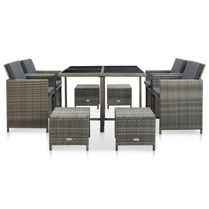 Mobilier à dîner de jardin - VIDAXL - 9 pièces - Résine tressée grise - Coussins amovibles - Contemporain