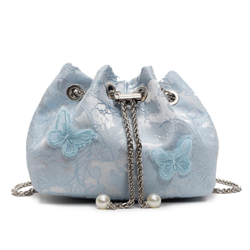 Spring and Summer New Personalized Embroidery Butterfly Pleated Portable Bucket Bag Fashionable Versatile Sweet Foreign Style Chain Messenger Bag