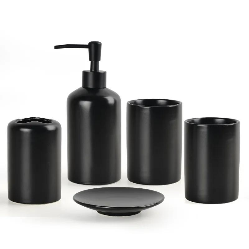 Bathroom Accessory Black with Toothbrush Holder Toothbrush Cup Tumbler Soap Dispenser Soap Dish and Tray